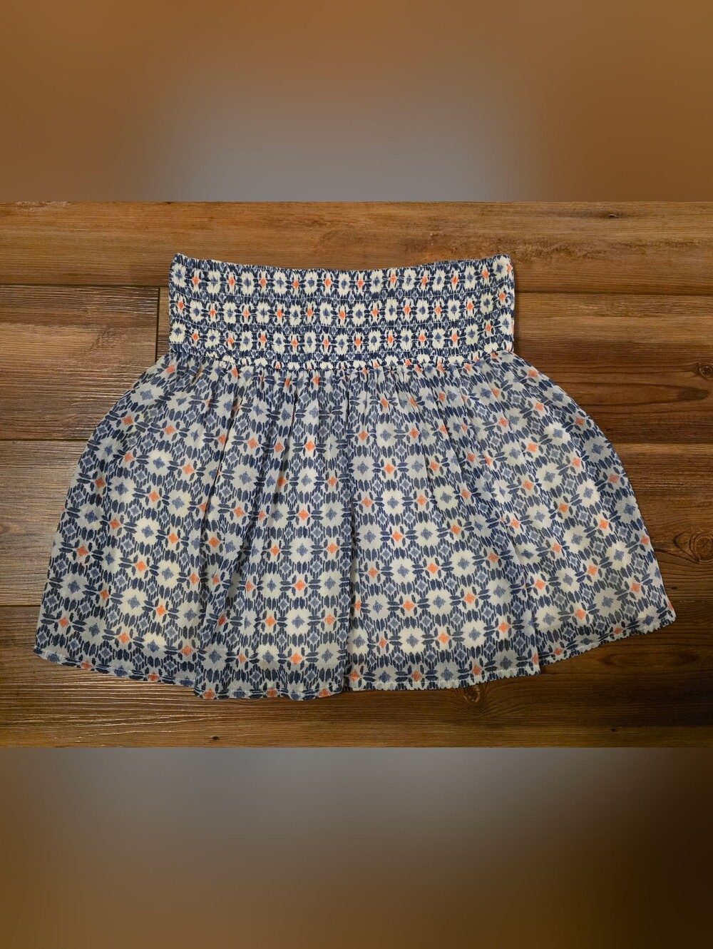 Hollister Blue and Cream Printed Smocked Mini Skirt with Orange Accents Size M